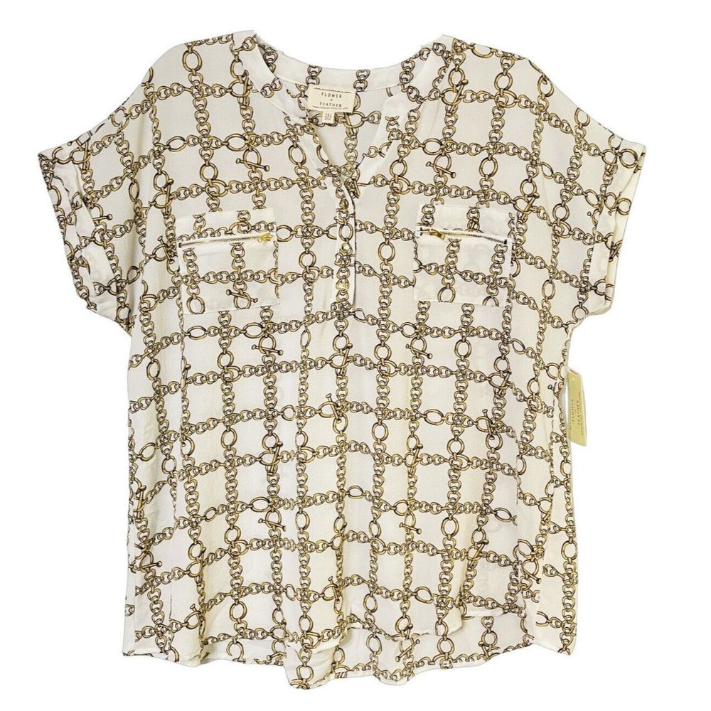 Flower & Feather Blouse Womens Plus Size 3X Ivory Gold Chain Link Print Short Sl